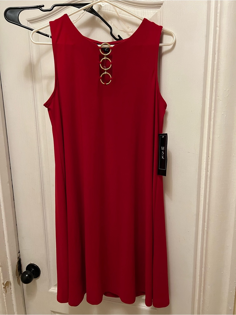 MSK Red Sleeveless Swing Dress with Gold Ring Accents